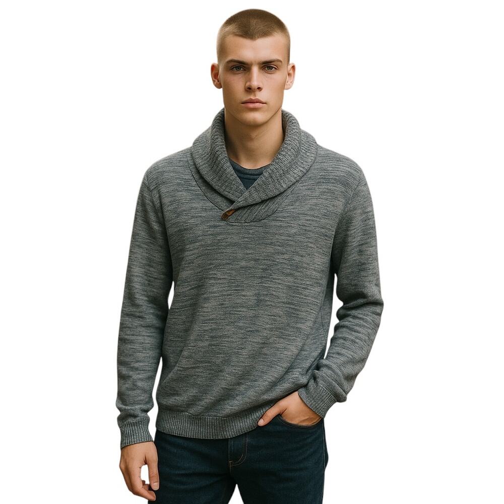 Even Tide Toggle Button Shawl Collar Heather Blue Sweater